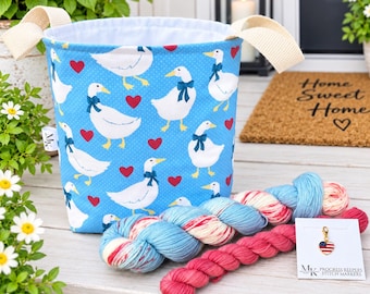 PORCH GOOSE 1990s Theme Hand Dyed Yarn 120g Sock Set, Project Pail, and Enamel Heart Progress Keeper Kit! Pre Order