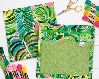 TROPICAL Cross Stitch Project Bag! Zippered Top Vinyl Front See Through Stitching Pouch! Fits 8" Q Snap Frame!