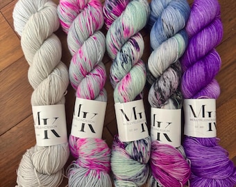CLEARANCE Gothic Tea Party Set of 5 FADE Speckled and Tonal Hand Dyed Fingering Sock Yarn!