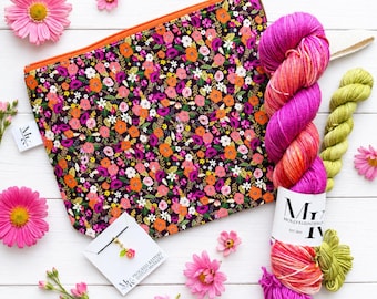 PRETTY POSIES Hand Dyed Yarn 120g Sock Set, Zippered Project Bag, and Progress Keeper Kit!