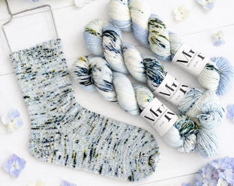 HYDRANGEA Light Blue and Green Speckled Hand Dyed Fingering Sock Yarn!