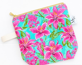 Lilly Pulitzer Inspired STARGAZER LILY Preppy Floral Knitting Project Bag Sock Sack! Gold Zippered Top Box Bottom 1-2 Skein Size!!