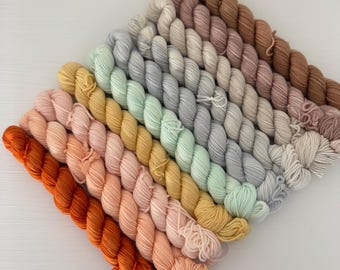 Juego de 10 mini madejas tonales BOHO RAINBOW teñidas a mano, ¡200 gramos en total!