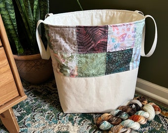 HUGE One of a Kind Woodland Patchwork Quilted Canvas PROJECT BUCKET Crafting Couch Companion
