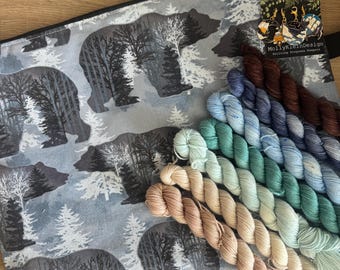 MOUNTAIN BEAR Canvas XL Sweater Size Zippered Project Bag i Mini Skein Set! Camping Progress Keepers Too!