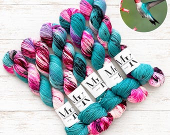RUBY Throated HUMMINGBIRD Speckled Hand Dyed Fingering Sock Yarn and DK! Beautiful!