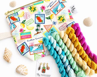 Tropical Vacation Project Bag and Mini Skein Set of 6 Pretty Tonals and Progress Keeper Set!