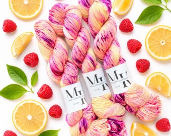 LEMON BERRY Yellow Pink Speckled Hand Dyed Fingering Sock and DK Yarn!