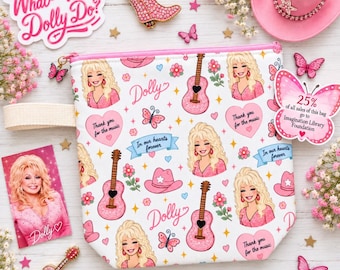 DOLLY PARTON Inspired Knitting Project Bag Sock Sack! Gold Zippered Top Box Bottom 1-2 Skein Size!!