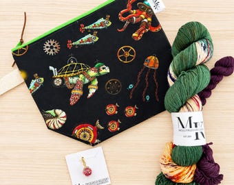 UNDERWATER STEAMPUNK Hand Dyed Yarn 120g Sock Set, Zippered Project Bag, and Progress Keeper Kit!