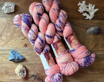 CORAL CRUSH Peach Purple Speckled Hand Dyed Fingering Sock Yarn!