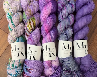 CLEARANCE Purple Frenzy Set of 5 FADE Speckled and Tonal Hand Dyed Fingering Sock Yarn!