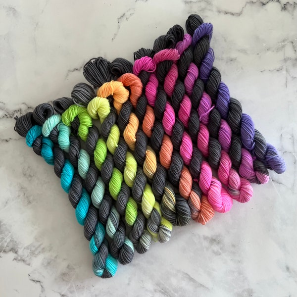 LISA FRANK Velvet Posters Neon Black Variegated Mini Skein Set of 10 Hand Dyed Mini Skeins, 200 grams total!