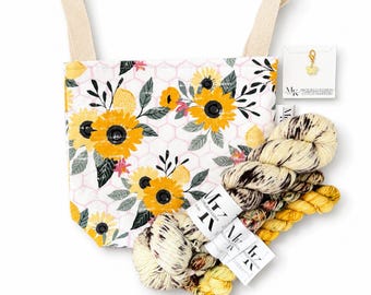 One of a Kind SUNFLOWER Project Pail Bucket Hand Dyed Sock Set and Progress Keeper Kit!