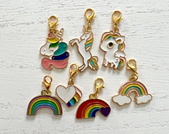 CLEARANCE!!!! UNICORN and RAINBOWS Enamel and Gold Knitting Progress Keepers Set of 7