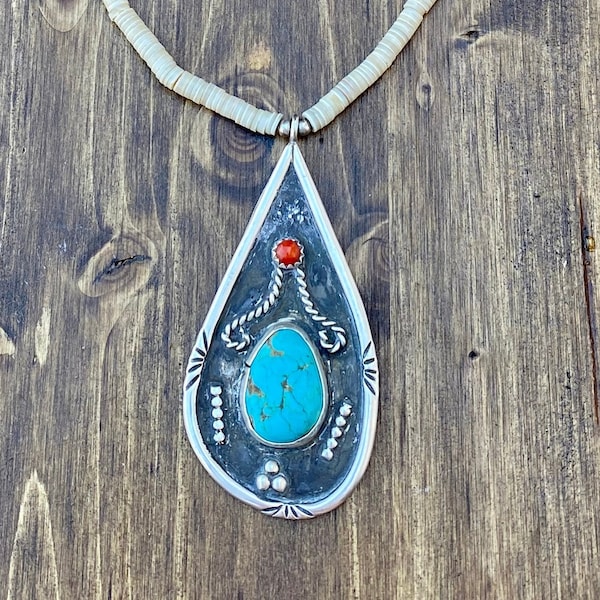 Sterling Silver and Turquoise Teardrop Pendant Necklace/ Indigenous Art / Indigenous Jewelry /Native American Handmade / Raw Stone Coral