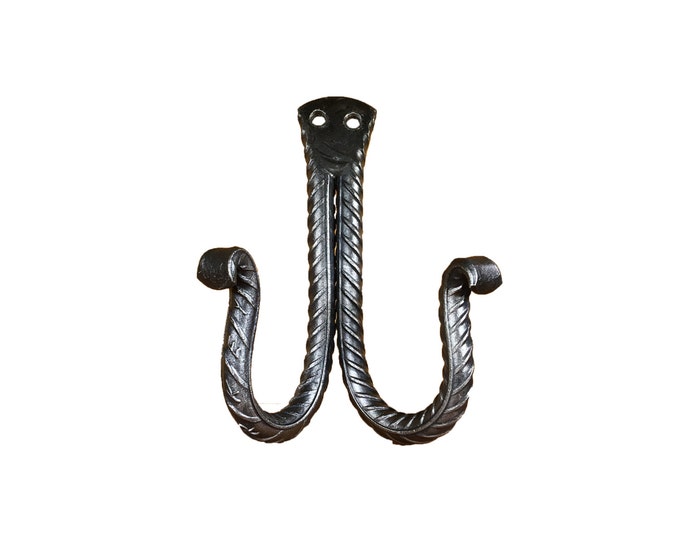 Re-bar Wall Double Hook, Hand Forged, Coat Hook, Bag Hook, Hat Hook, Brown Dog Forge