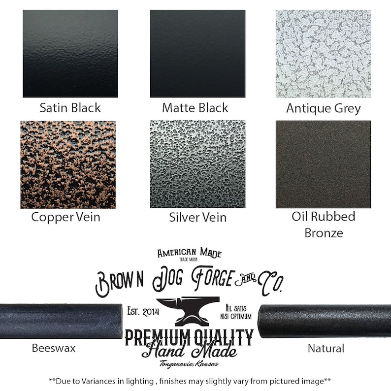 Może przedstawiać: Paleta kolor&oacute;w przedstawiająca osiem metalicznych wykończeń: Satin Black, Matte Black, Antique Grey, Copper Vein, Silver Vein, Oil Rubbed Bronze, Beeswax oraz Natural. Logo i tekst Brown Dog Forge and Co. znajdują się pod pr&oacute;bkami.