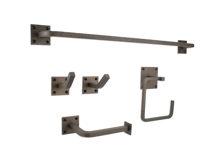 Bathroom Set Hand Forged Iron 5 Piece - Bathroom Decor - Bathroom Accessories - Industrial Bathroom Decor - Bathroom Hardware - Square Bar