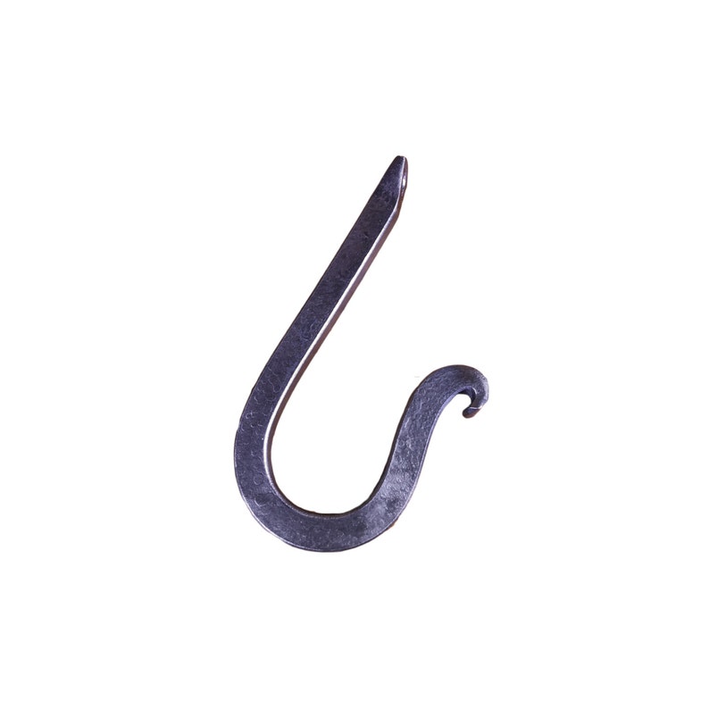 May include: A silver metal hook with a rounded end and a small loop at the top. The hook is designed to hang items on a wall or other surface.
