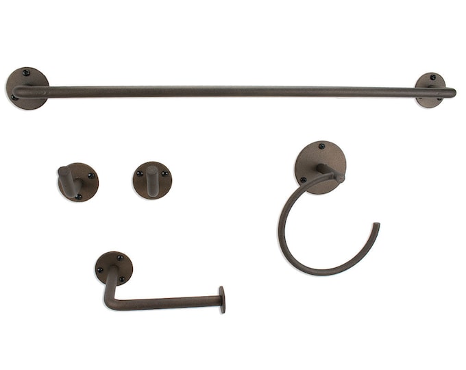 Bathroom Set Hand Forged Iron 5 Piece - Bathroom Decor - Bathroom Accessories - Industrial Bathroom Decor - Bathroom Hardware - Round Bar