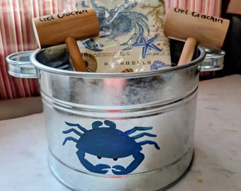 Round metal blue crab bucket, napkins, crab mallets, crab gift set