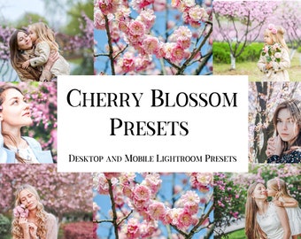 May include: A collage of images featuring cherry blossoms in full bloom. The images include close-ups of the flowers, as well as people enjoying the beauty of the blossoms. The text "CHERRY BLOSSOM PRESETS" is displayed in the center of the collage, along with the text "DESKTOP AND MOBILE LIGHTROOM PRESETS".