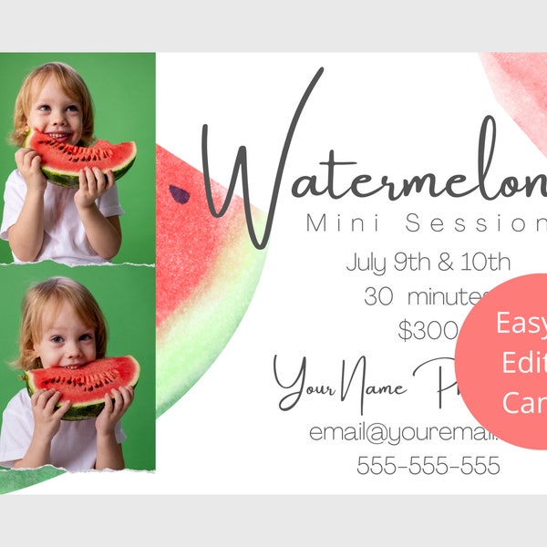 Watermelon Mini Session Canva Template for Summer Photoshoots, Easy to Edit in Canva, Marketing Board, Marketing Flyer for Photographers