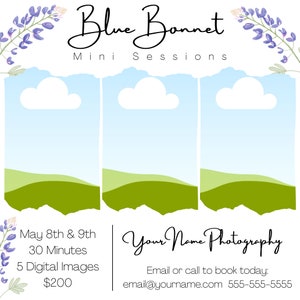 Blue Bonnet Mini Session Vorlage, quadratische Promo-Karte zur vermarktung Ihrer Mini-Sessions, vollständig anpassbar, einfach zu bearbeitende Canva-Vorlage, Bild 2