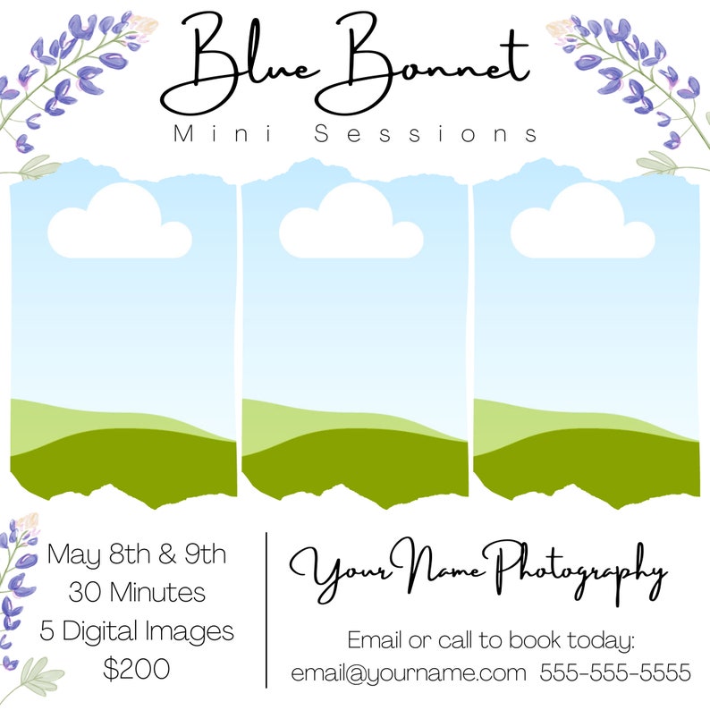 Blue Bonnet Mini Session Vorlage, quadratische Promo-Karte zur vermarktung Ihrer Mini-Sessions, vollständig anpassbar, einfach zu bearbeitende Canva-Vorlage, Bild 2