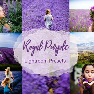 以下が含まれることがあります： 紫色の花畑で遊ぶ子供たちの写真のコラージュ。画像の中央に「Royal Purple Lightroom Presets」というテキストがあります。