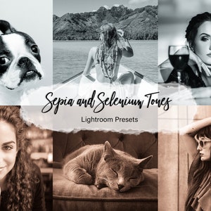 May include: A collage of images in sepia and selenium tones, showcasing a variety of subjects including a dog, a woman in a boat, a woman with a glass of wine, a woman with a flower, and a cat. The text "Sepia and Selenium Tones Lightroom Presets" is displayed in the center of the collage.