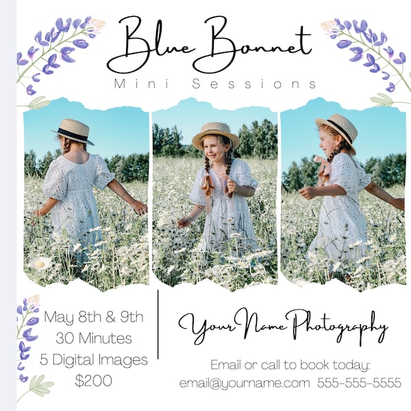 Blue Bonnet Mini Session Template, square promo card to market your mini sessions, fully customizable easy to edit Canva template,