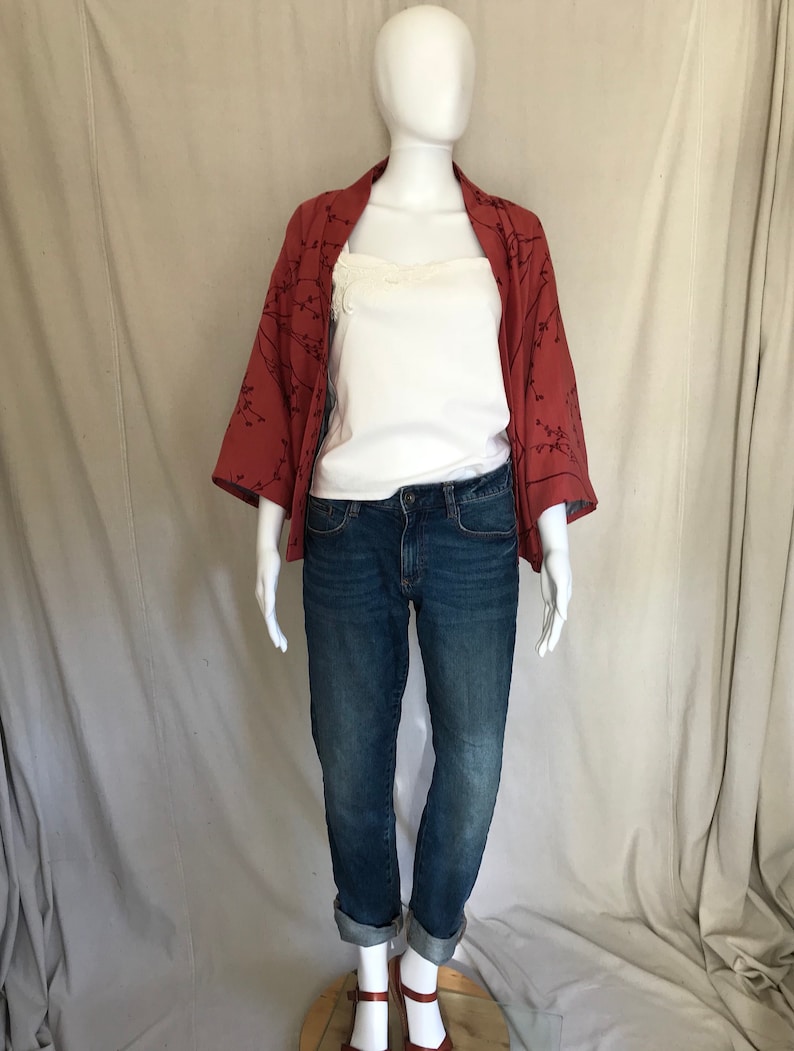 Vintage Style Casual Red Jacket Blossom Print Lined Jacket Red Kimono Vintage Style jacket Blossom Print 60s style 50s style
