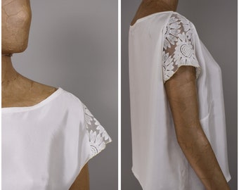 SALE, White Tee, White Blouse, Lace Blouse, white top, summer top, Boxy Tee, Boxy Top
