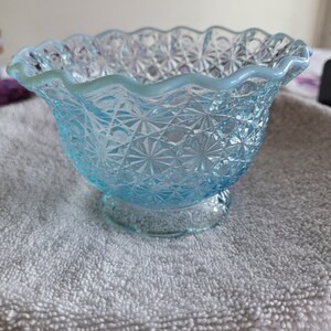 Light blue Buttons and Bows bowl with a white ruffled rim