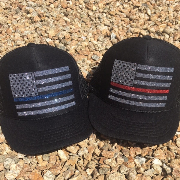 Women's Trucker Hat. Black Hat. Thin Blue Line. Thin Red Line. Silver glitter. Red glitter. River. Vacation. Beach. Fire Wife.