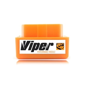 May include: An orange Viper Performance Module. The module has a rectangular shape with a white label that has the word "Viper" in black and the words "PERFORMANCE MODULE" in smaller black font. The Viper logo is also on the label.