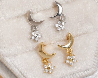 Sterling Silver / Gold plated moon and star dangle stud earrings - moon star studs - 2nd hole stud earrings - dainty moon studs - celestial
