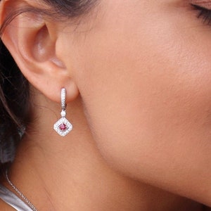 18kt White Gold Diamond and Ruby hanging earring Ruby and diamond earrings Dainty ruby earrings July birthstone white gold and ruby image 1