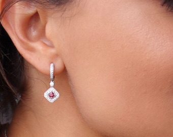 18kt White Gold Diamond and Ruby hanging earring | Ruby and diamond earrings | Dainty ruby earrings | July birthstone | white gold and ruby