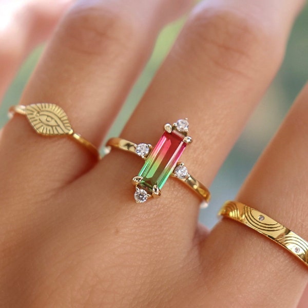 Sterling Silver / Rose Gold / Yellow Gold Watermelon tourmaline ring, vertical baguette ring, emerald cut ring, unique gemstone ring