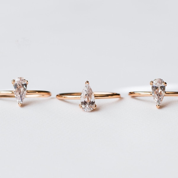 3 COLORS available -Sterling Silver Pear shaped cubic zirconia ring | Simple dainty solitaire ring | fake engagement ring, pear shaped ring