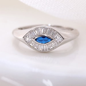 Sterling Silver baguette evil eye ring - sapphire evil eye ring - unique eye ring - sterling eye ring for protection - evil eye jewelry