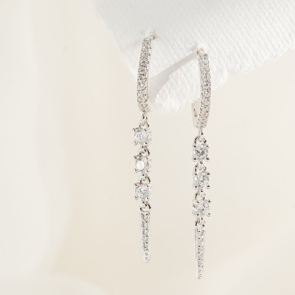 Huggies with charm - spike dangle huggies - silver charm huggies - edgy dainty earrings - gold dagger earrings - pave spike drop earrings