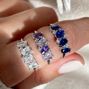 3 COLORS AVAILABLE :  Sterling Silver Pear shaped stone cluster ring,  Unique cluster ring, blue sapphire ring | purple ring | stackables