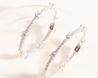 Sterling Silver Cubic Zirconia hoop earrings - 1.25'' hoops - inside outside hoops -diamond hoops - silver cz hoops - medium size hoop