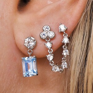 Sterling Silver double hole chain earrings | Connected 2 hole piercing | Cubic Zirconia chain earrings | 2nd hole earrings | double piercing