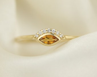 PERSONALIZABLE - Anillo de oro macizo de 14 kt, diamantes y citrino - anillo de racimo - anillos de oro delicados - anillo de piedra de nacimiento - piedra preciosa marquesa -