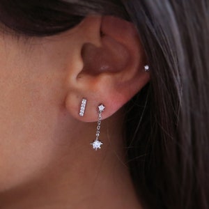 Silver dangle drop earrings , simple starburst earrings, small chain drop earrings, second hole chain earrings, short dangle earrings